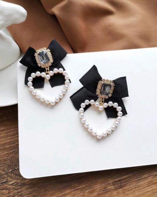 1pair Sweet & Lovely Pearl Heart Shaped Bowknot Design Big Earrings - Image 2