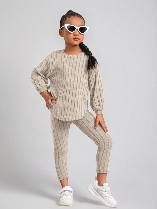 Young Girl Drop Shoulder Ribbed Knit Tee & Leggings