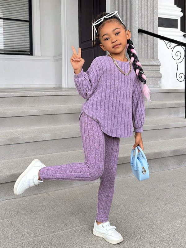 Young Girl Solid Drop Shoulder Hoodie & Leggings (Purple)